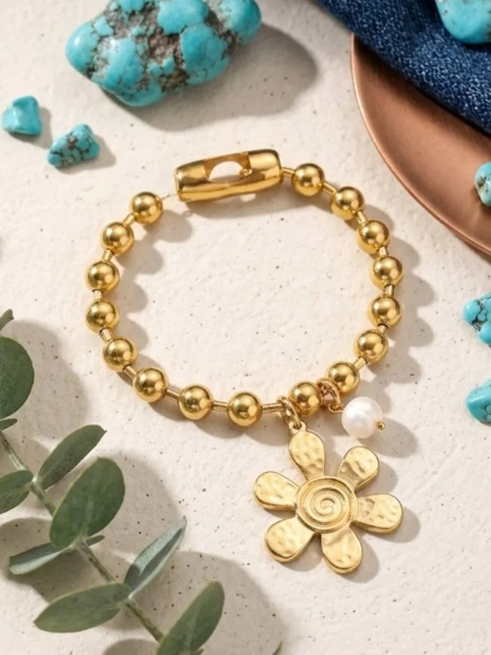 Gold Bead Bracelet Hammered Flower Charm Pearl Chunky Stretch 24K Plated Steel